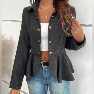 Elegant ruffle hem herringbone dark gray coat